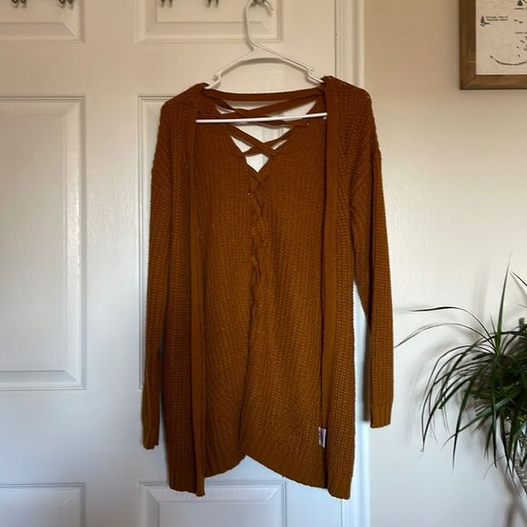Pink Rose Mustard Burnt Orange Brown Knit sweater Cardigan size medium m fall - Picture 1 of 5
